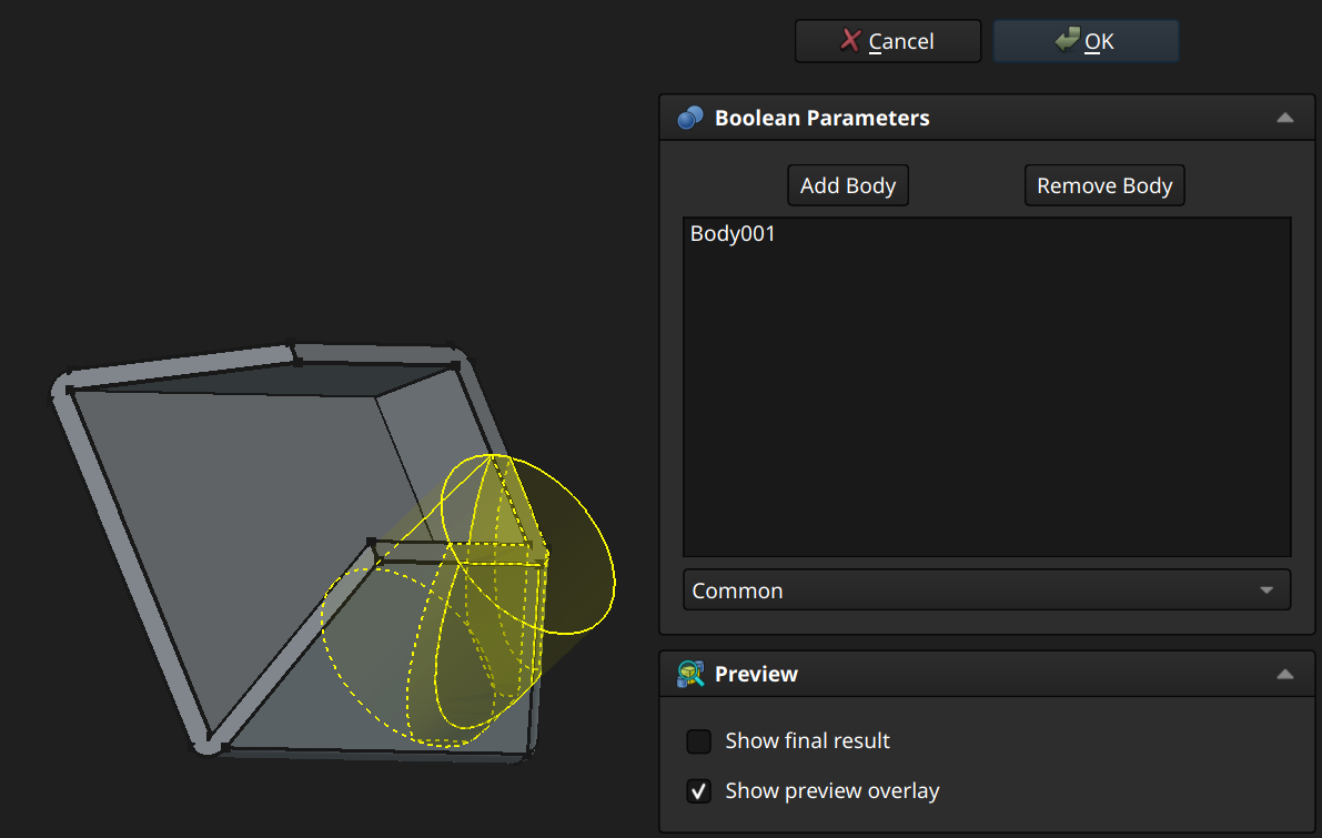 FreeCAD Part Design workbench boolean example